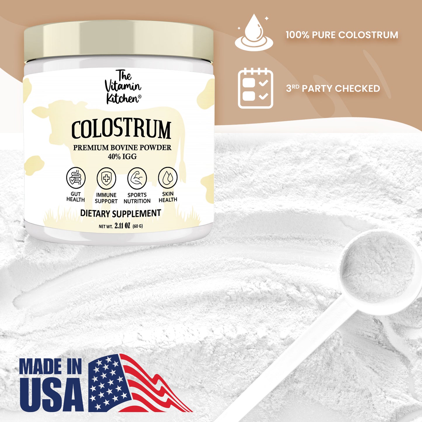 Colostrum Powder Supplement for Immune Support, Skin Health, Muscle Recovery & Gut Health – 40% IgG Advanced Bovine Colostrum Superfood Powder – Unflavored, Non-GMO Made in USA – (60 servings)