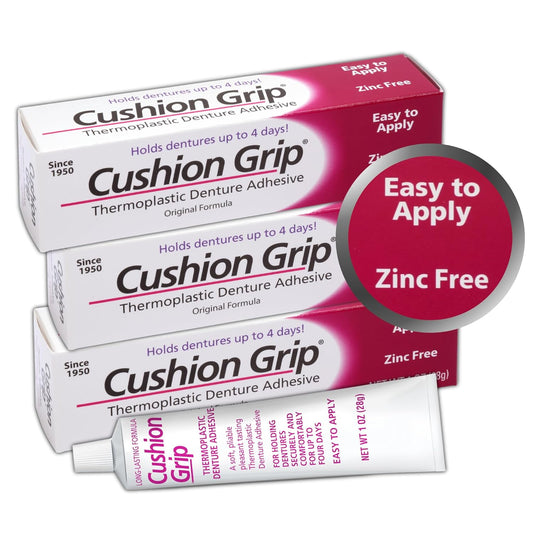 Cushion Grip Thermoplastic Denture Adhesive, 1 oz | Refits and Tightens Loose and Uncomfortable Dentures | Non-Glue Adhesive, Acts Like a Soft Reliner (Pack of 3)